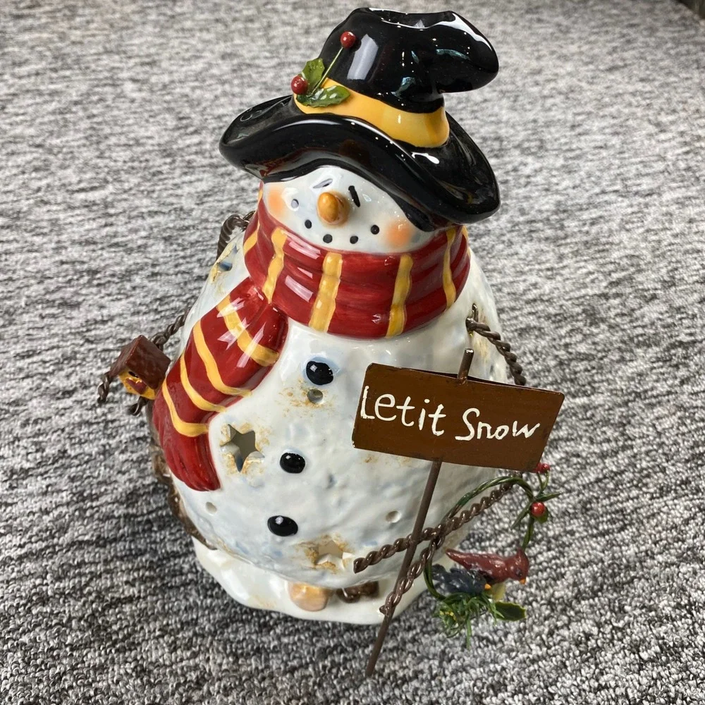 Ceramic Snowman Christmas Tea Light Holder Lantern Let It Snow Cardinal 2007 10